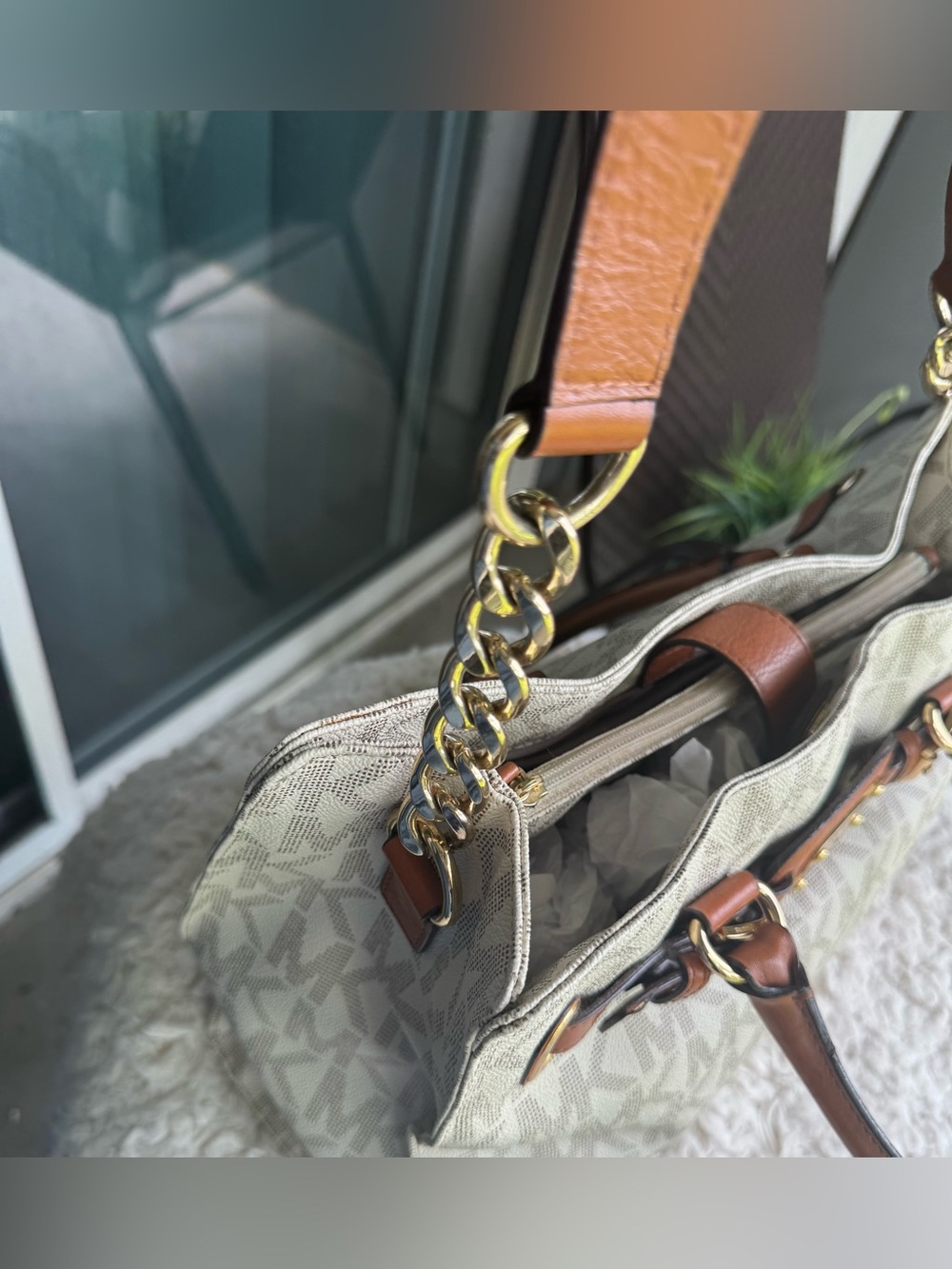 Michael Kors Beige MK Logo Satchel with Brown Leather Trim - Picture 3 of 6
